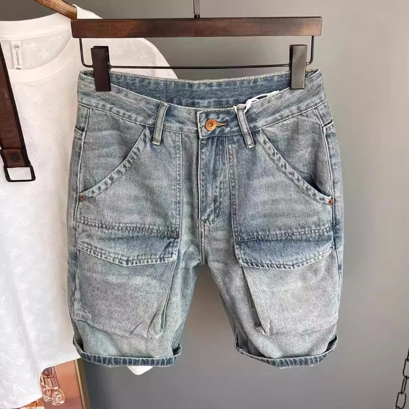 

2025 Mens Summer Cargo Denim Shorts Casual Multi Pocket Straight Leg Five Inch Beach Shorts Y2K Vintage Slim Fit Fashion