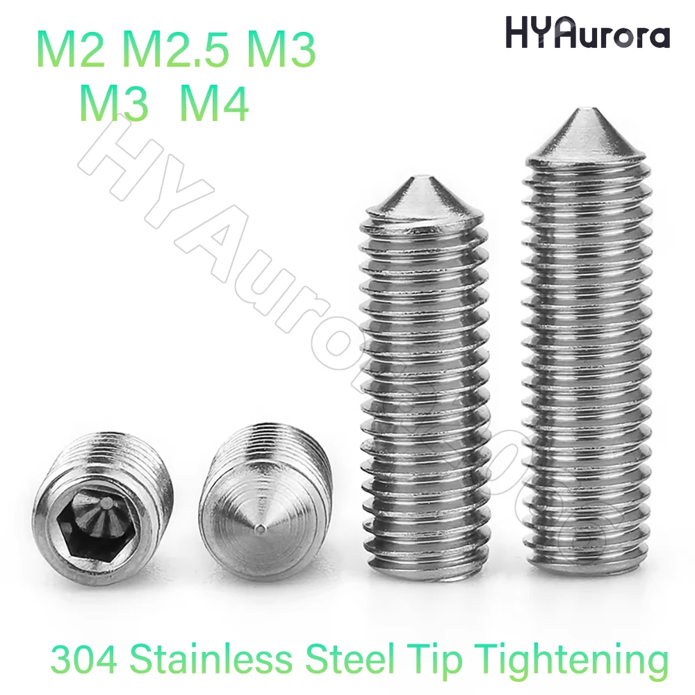 M2 M2.5 M3 M4 M5 Hexagon Socket Set Screws, Tapered Point, 304 Stainless Steel, DIN914 Standard, for Door Handles