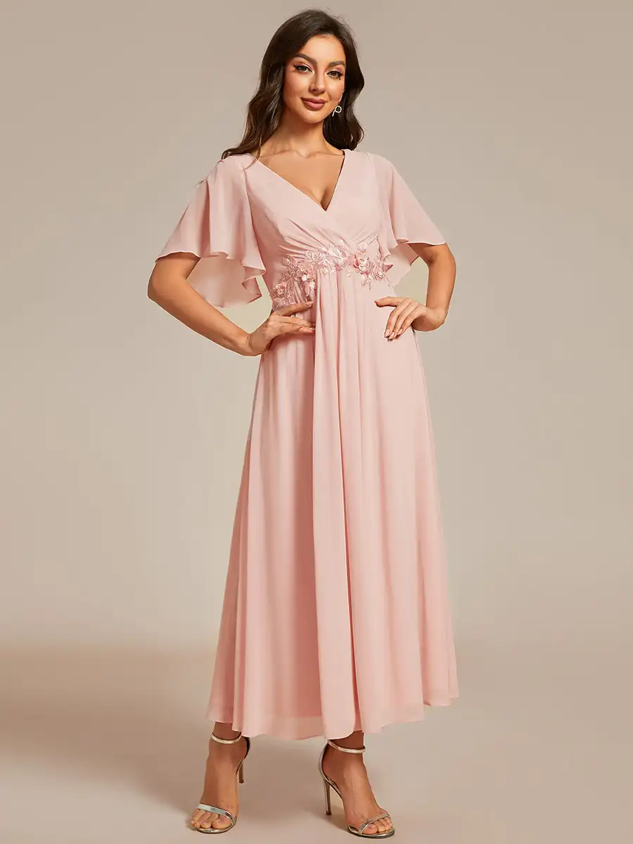 

Elegant Evening Dresses Applique V Neck Tea Length Short Sleeves 2024 BAZIIINGAAA of Chiffon Pink Wedding Guest Dress