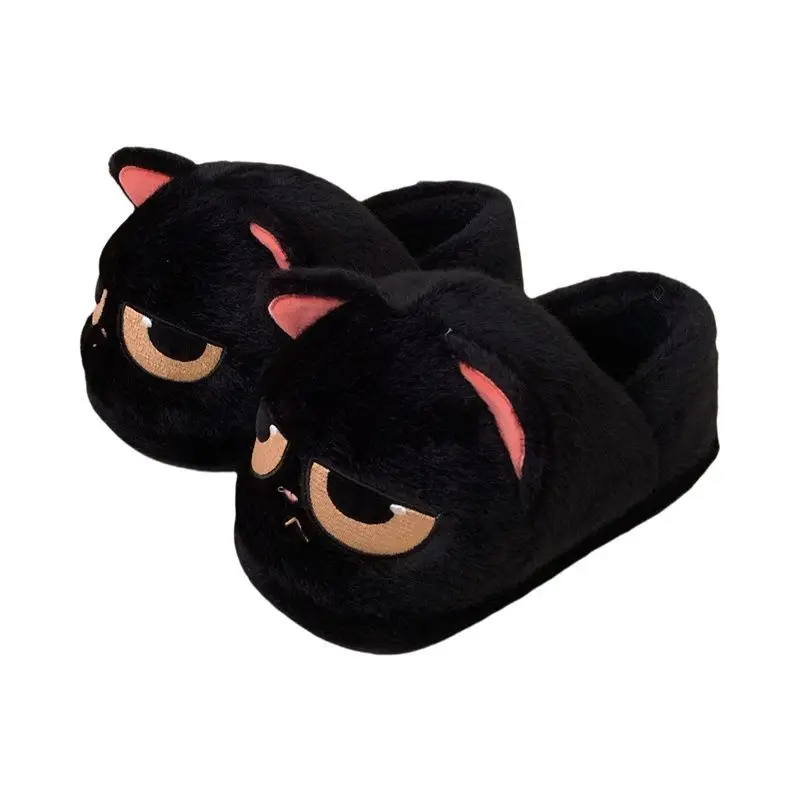 Women men indoor home slides shoes ladies fun fuzzy kitten slipper cat lovers indoor shoes Winter black unhappy kitty slippers view 6