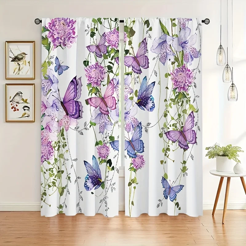 2pcs Fashionable Romantic Butterflies Pattern Curtain, Curtain Rod Pocket Window Curtains For Living Room Bedroom Room Decor