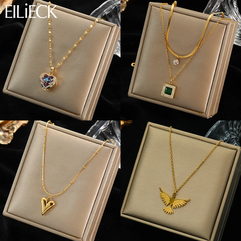 EILIECK 316L Stainless Steel Phoenix Heart Square Zircon Pendant Necklace For Women Girl New Fashion Neck Chain Jewelry Gift