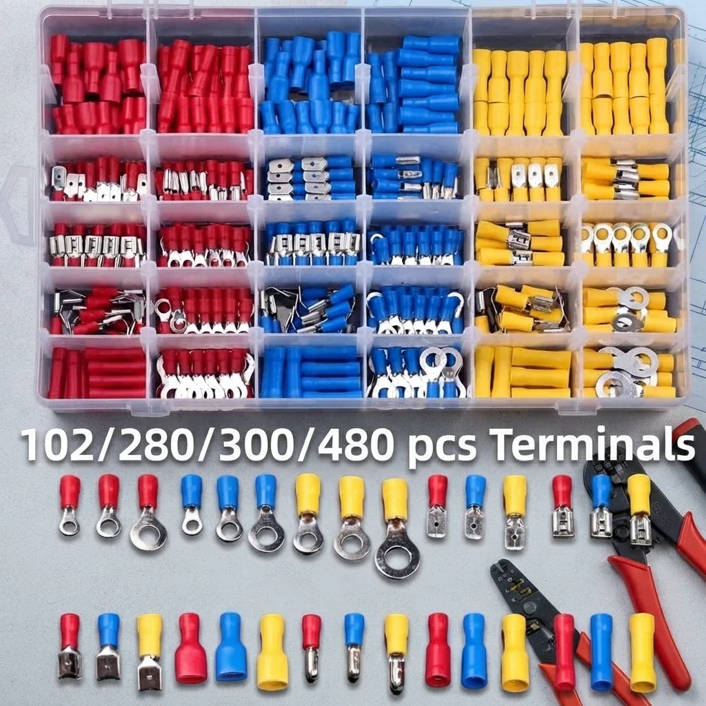 Kit di terminali isolati a crimpatura a freddo, 102/280/300/480 pezzi, con connettori a spina maschio e femmina, assortiti, per la riparazione di cablaggi elettrici e accessori.