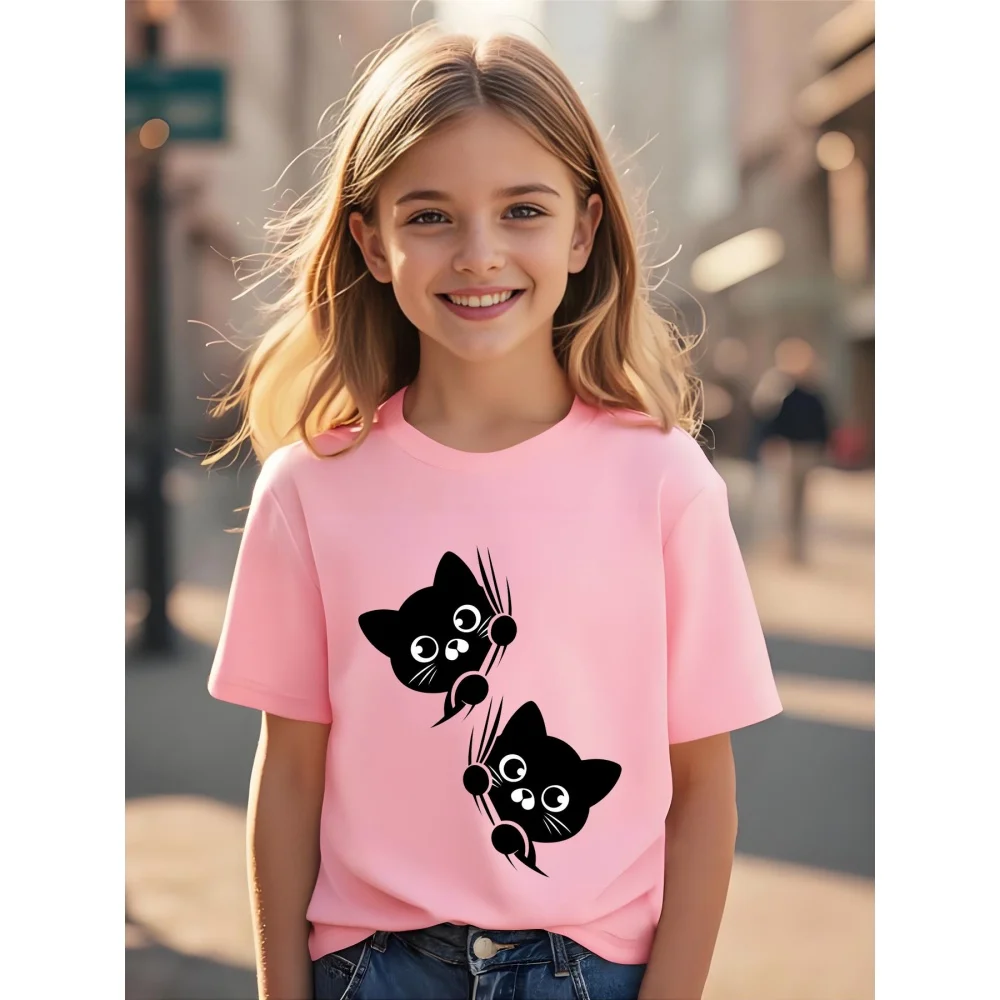 Kinderkleidung Mädchen 3D Graffiti Schwarze Katze Kurzarm Sommer Top Niedlich Lässig O-Ausschnitt Mehrfarbig Spritzer Kinderkleidung Mädchen – Detail 6
