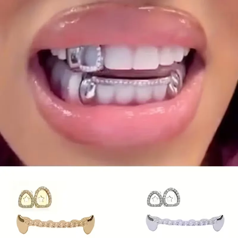 Accesorio para dientes de vampiro de hip hop: diseño gótico de dientes de cocodrilo con parrillas para dientes, circonita cúbica sintética, chapado en oro de 14 quilates
