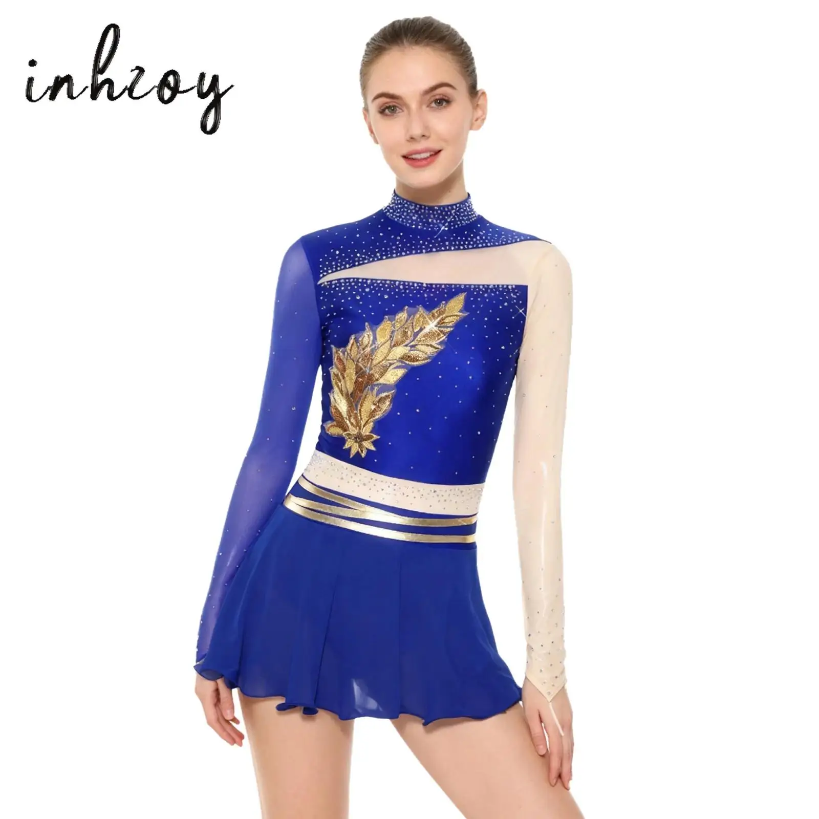 

Womens Gymnastics Leotard Dress Embroidered Applique Rhinestones Long Sleeve Built-in Briefs Dress Figure Skating Dance Costume