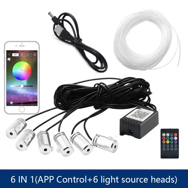 6 In 1 Led-Sfeer Auto Licht Rgb Flexibele Decoratieve Lamp 8M Interieur Omgevingslicht Door App Controle Glasvezel Strips Licht