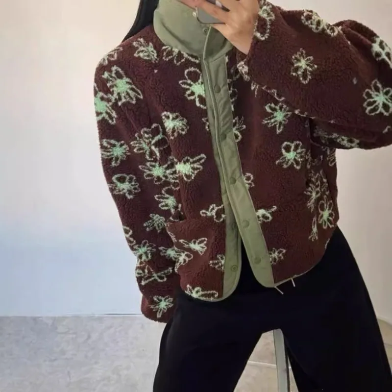 

Двустороннее хлопковое пальто из овчины в стиле ретро с небольшим цветком спереди и сзади