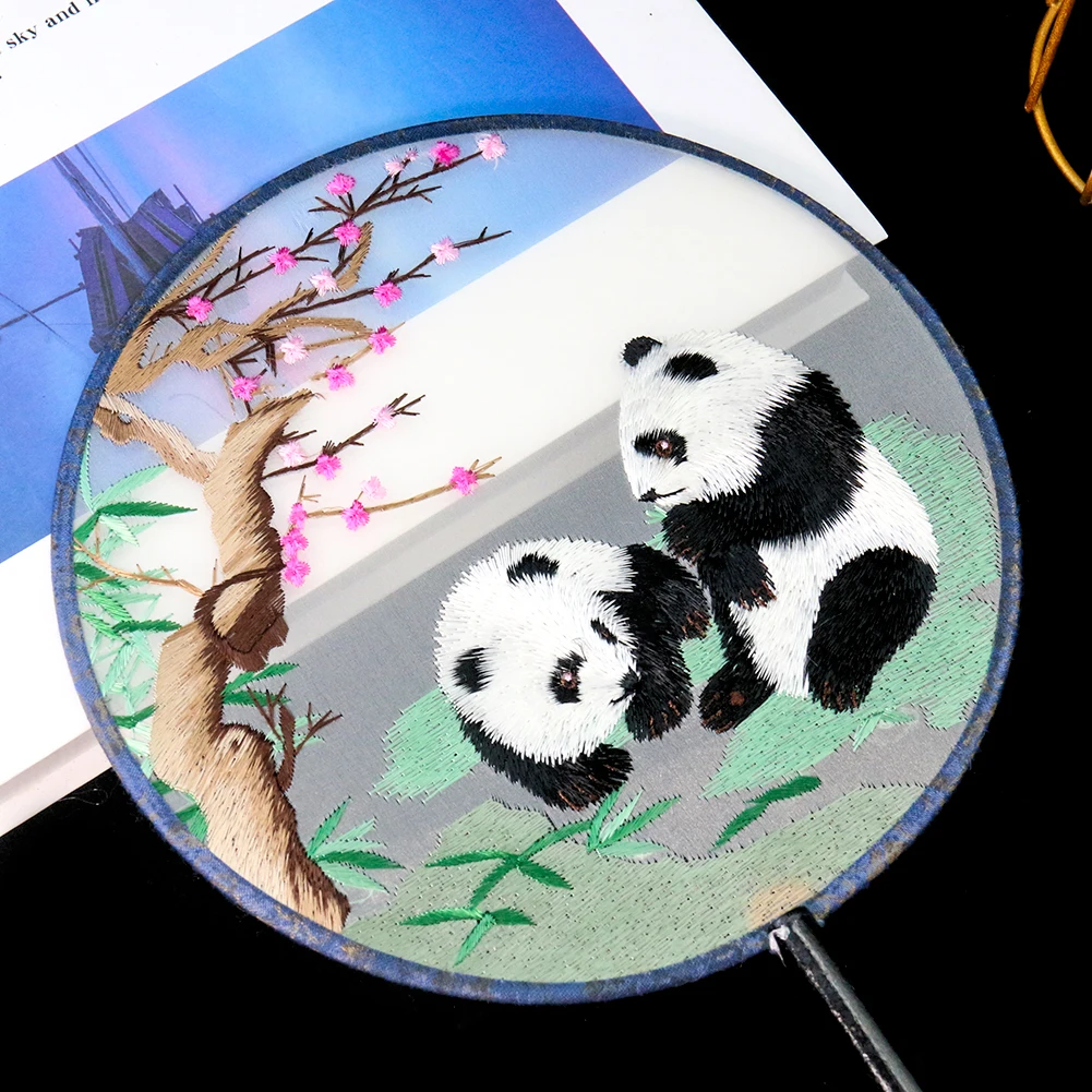 Embroidery Fan Silk Chinese Style Panda Bamboo Plum Blossom Hand Fan Cheongsam Performance Dance Tassel Fan Home Decoration