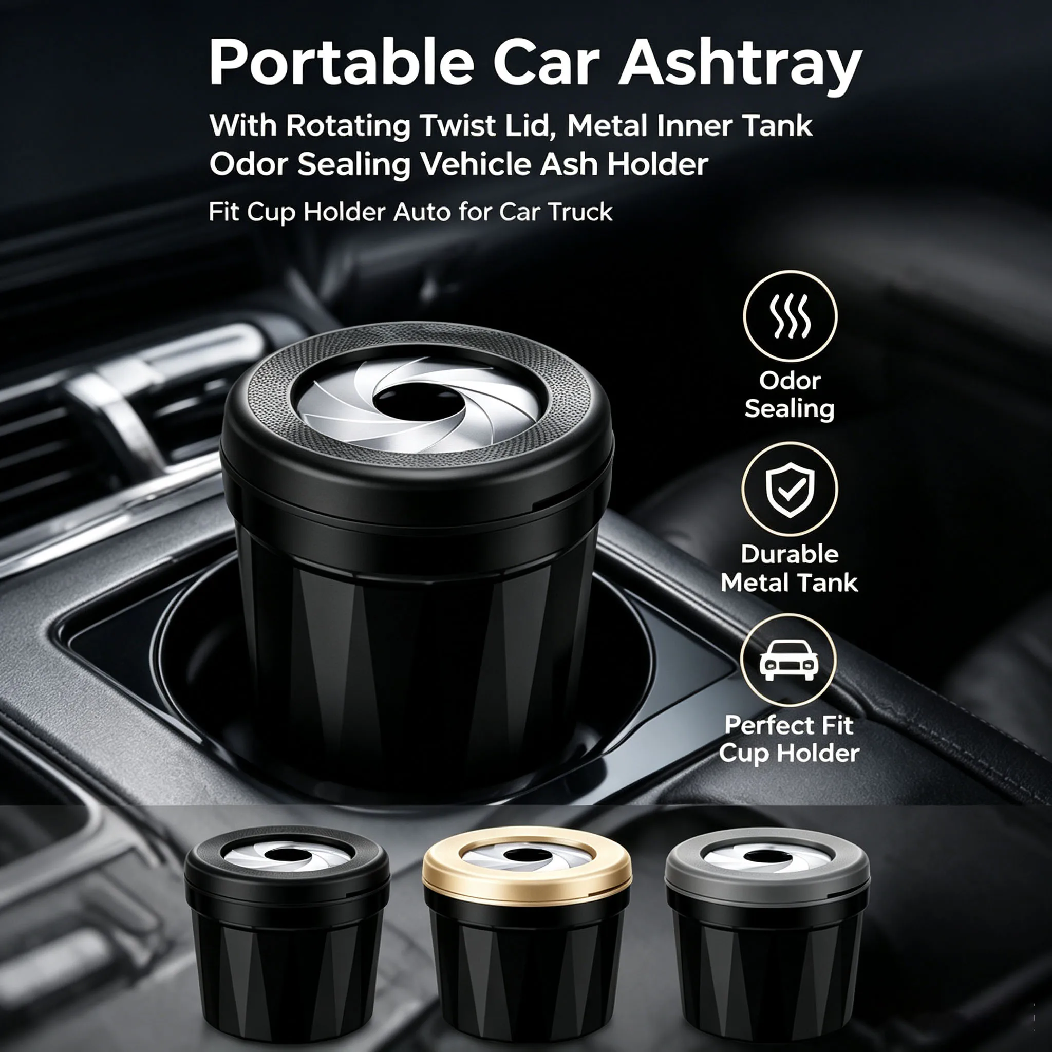 Rotating Lid Car Ashtray Metal Inner Tank Odor Isolation Portable Vehicle Ash Tray Fit Standard Car Cup Holder Automobile