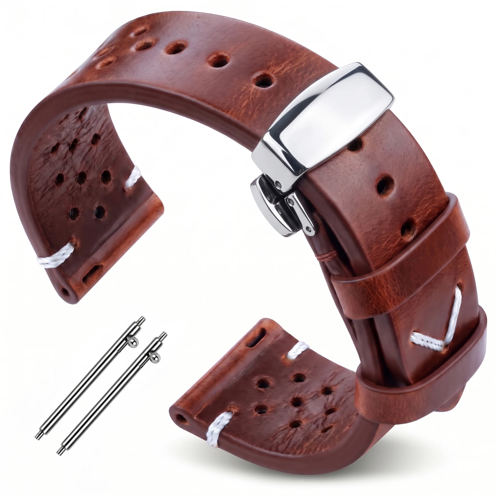 Vintage Oil Wax Leather Watch Strap 18mm 20mm 22mm 24mm Quick Release Butterfly Clasp Perforated Breathable Watchband Men