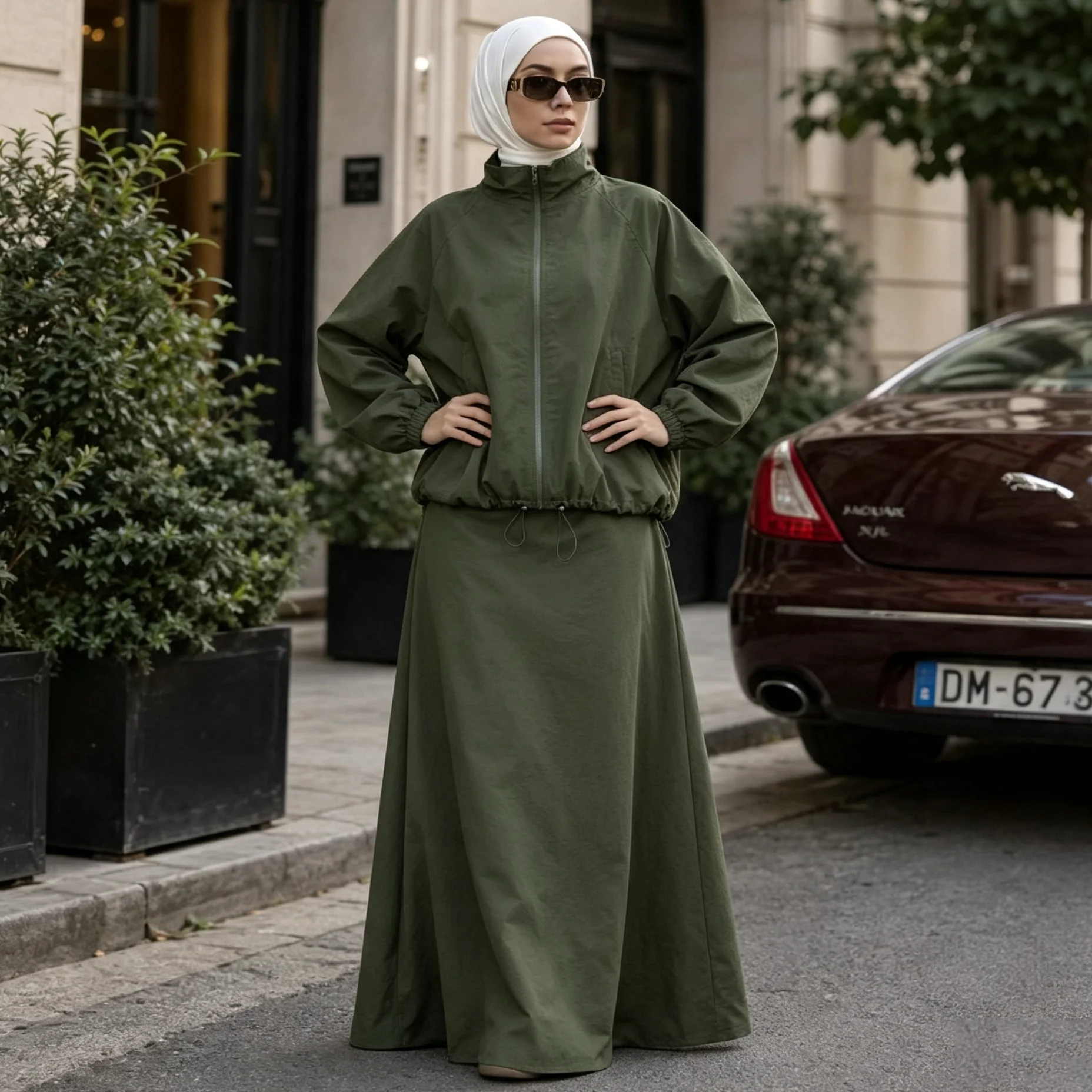 RU Modest Two Piece Outfit Stand Collar Zip Jacket Cuffed Sleeve Maxi Long Skirt Casual Tracksuit suitable for daily modest wear