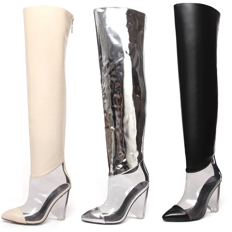 Sexy Clear PVC Patchwork Over Knee Boots Transparent Triangle Heel Knight Boots Silver Mirror Leather Women's Runway Thigh Boots