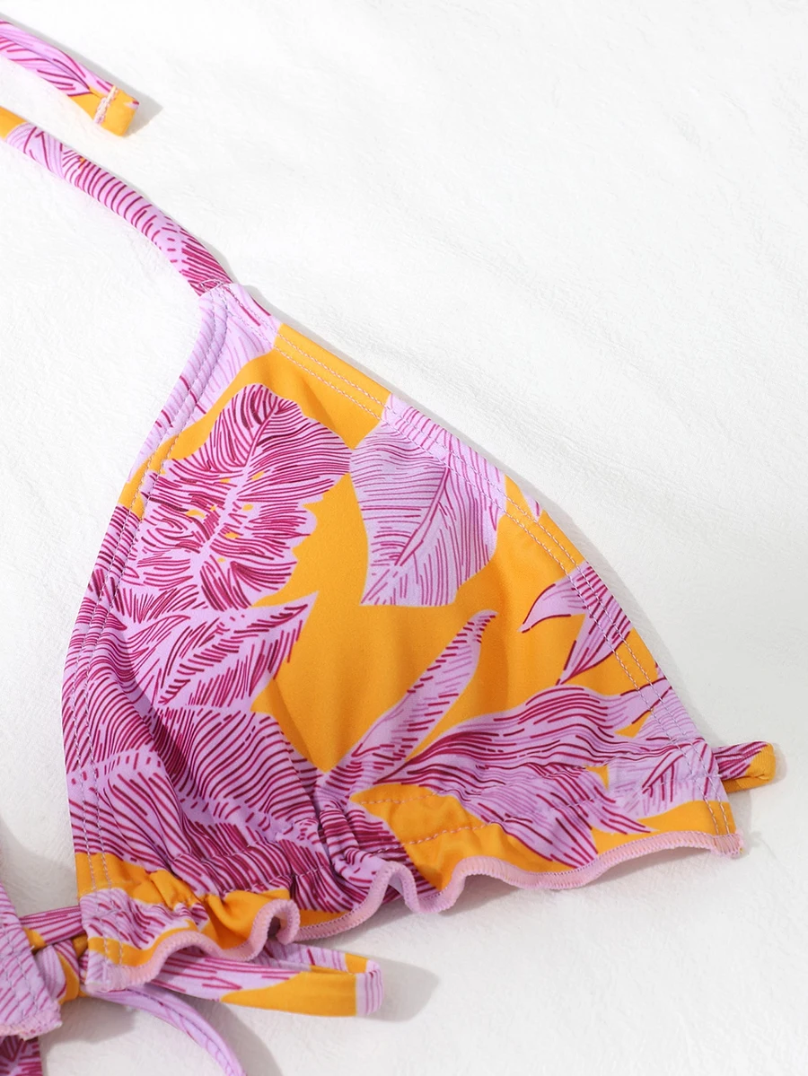 プリントホルターフリルビキニ女性マイクロ水着女性水着スリーピースビキニセットサロン入浴者水着水泳