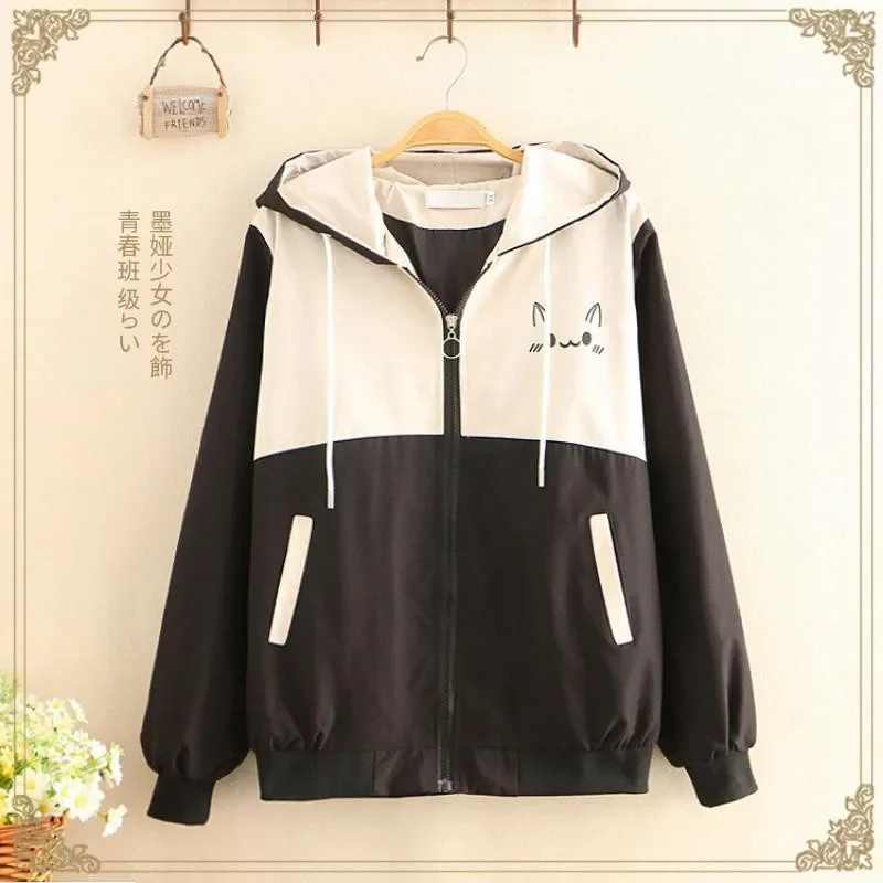 

Women Jackets 2025 Spring Autumn New Short Windbreaker Coat Female Loose Hooded Student Outcoat Fresh Print Ladies Jacket Top