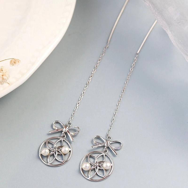 

Fashion Creative Bow Long Tassel Earring Inlaid Natural Freshwater Pearl Lady 925 Sterling Silver Earrings Fine Jewelry