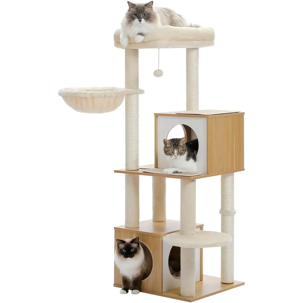 PAWZ Road Large Cat Tree, 51 Inches Wooden Cat Tower with Double Condos, Spacious Perch,Sot Hammock and Totally Wrapped Sisal Po
