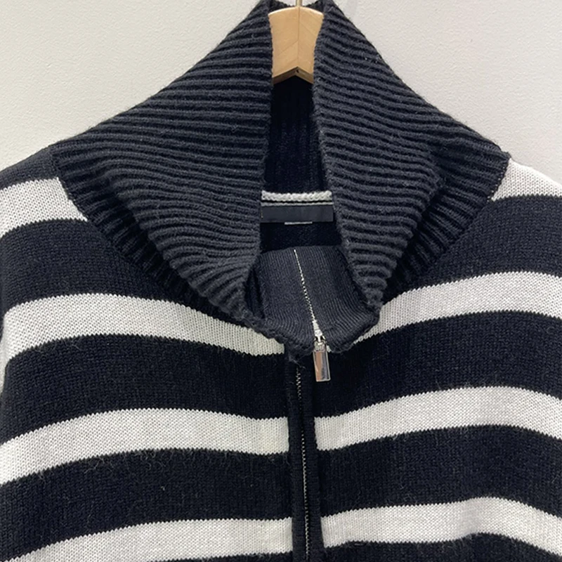 Tops 2024AW New Retro Black and White Striped Wool Knit Sweater Woman Versatile Zip Pullover Brand *Ma* Women's Clothing