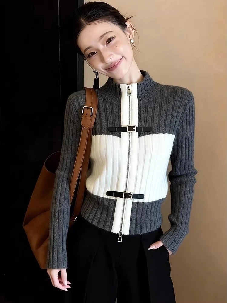 

Женский вязаный кардиган Ele f с воротником-стойкой на молнии, осенне-зимний, повседневный, с цветовыми блоками, стройнящий, универсальный свитер