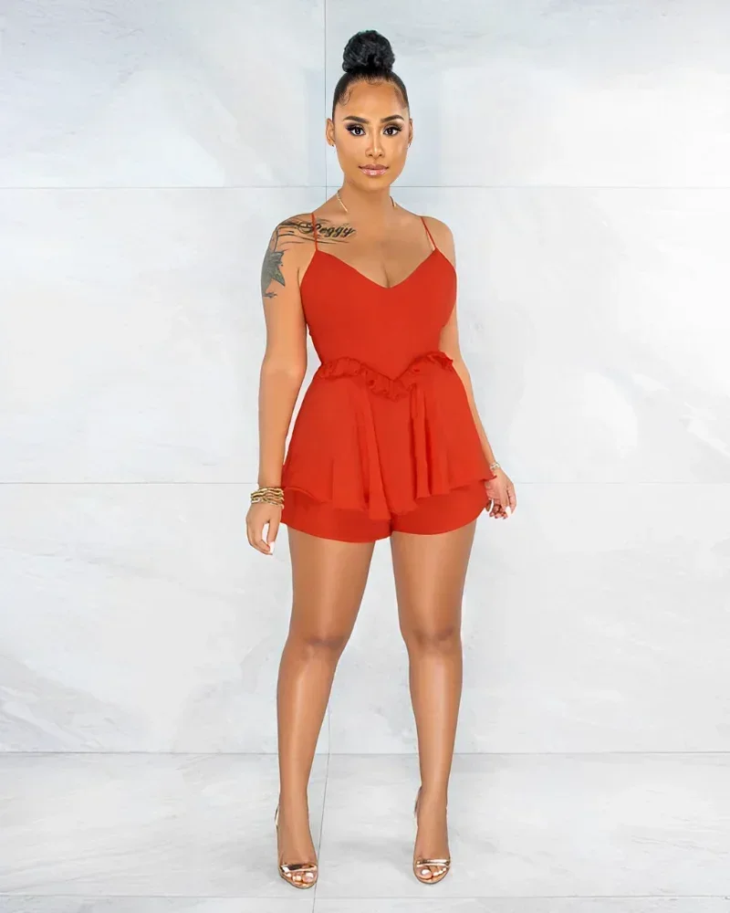 

KEXU Summer Fashion Women's Set Spaghetti Stap Ruffles Flare Blouse and Shorts Set Vintage Two 2 Piece Set Outfit Tracksuit