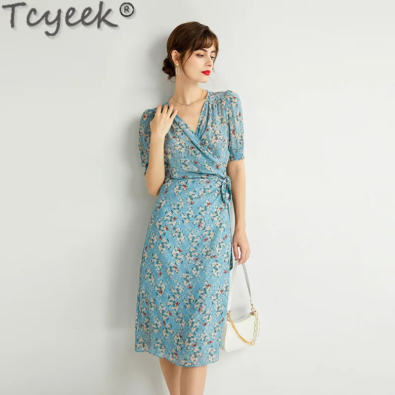 

Tcyeek 100% Real Silk Dresses High-end Midi Dress Summer Women's Dress Elegant Dresses for Women V-neck Party Dress Lace-up 2024