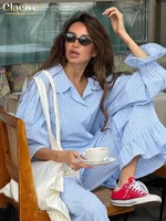 Clacive Fashion Loose Plaid Cotton Women's 3 Pieces Set 2025 Elegant Long Sleeve Shirt With High Wiast Wide Pants Set Female - Image 4