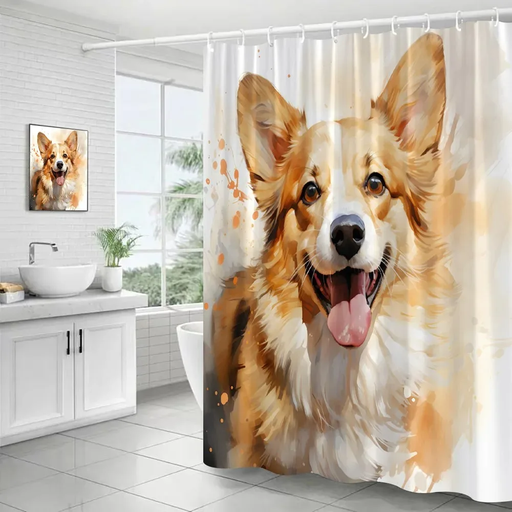 

Funny Dog Shower Curtain Cute Corgi Pet Animal Watercolour Art Modern Home Bathroom Bathtub Decorative Bath Curtains With Hook