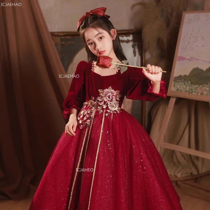 

Детское пышное платье для девочек, красное праздничное платье принцессы, костюм, детские вечерние платья для выступлений, свадебное пианино с цветочным узором для девочек