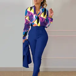 Print Button long Sleeve Two Piece Set Women V-neck Shirt And Pants Elegant Suits 2023 Fashion Women Slim Office Blouses Sets