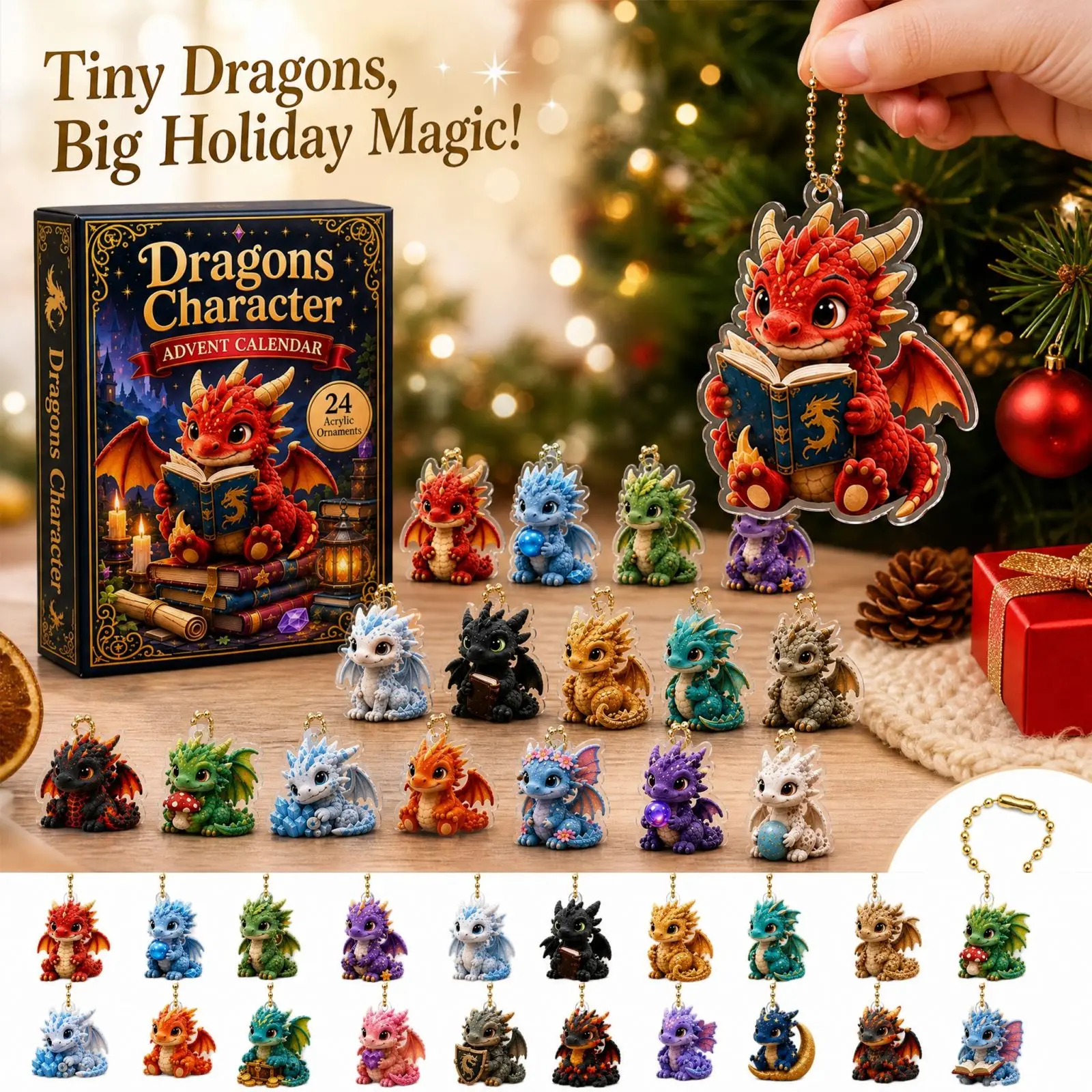 Dragons Character Advent Calendar 24 Pcs Cute Baby Dragon 2D Acrylic Hanging Ornaments Christmas Countdown Gift Box for Fantasy
