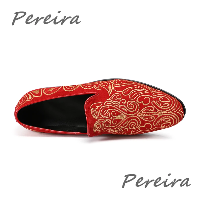 Fashion Men Casual Shoes Flats Fashion Embroiderey Gold Floral Loafers Red Blue Black Slip On Comfort Male Handmade Flat Shoes