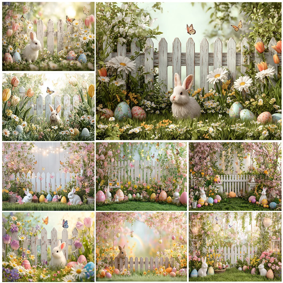 Spring Easter Garden Backdrop Courtyard Green Grass Fence Rabbit Eggs Flowers Kids Portrait Easter Party Photography Background