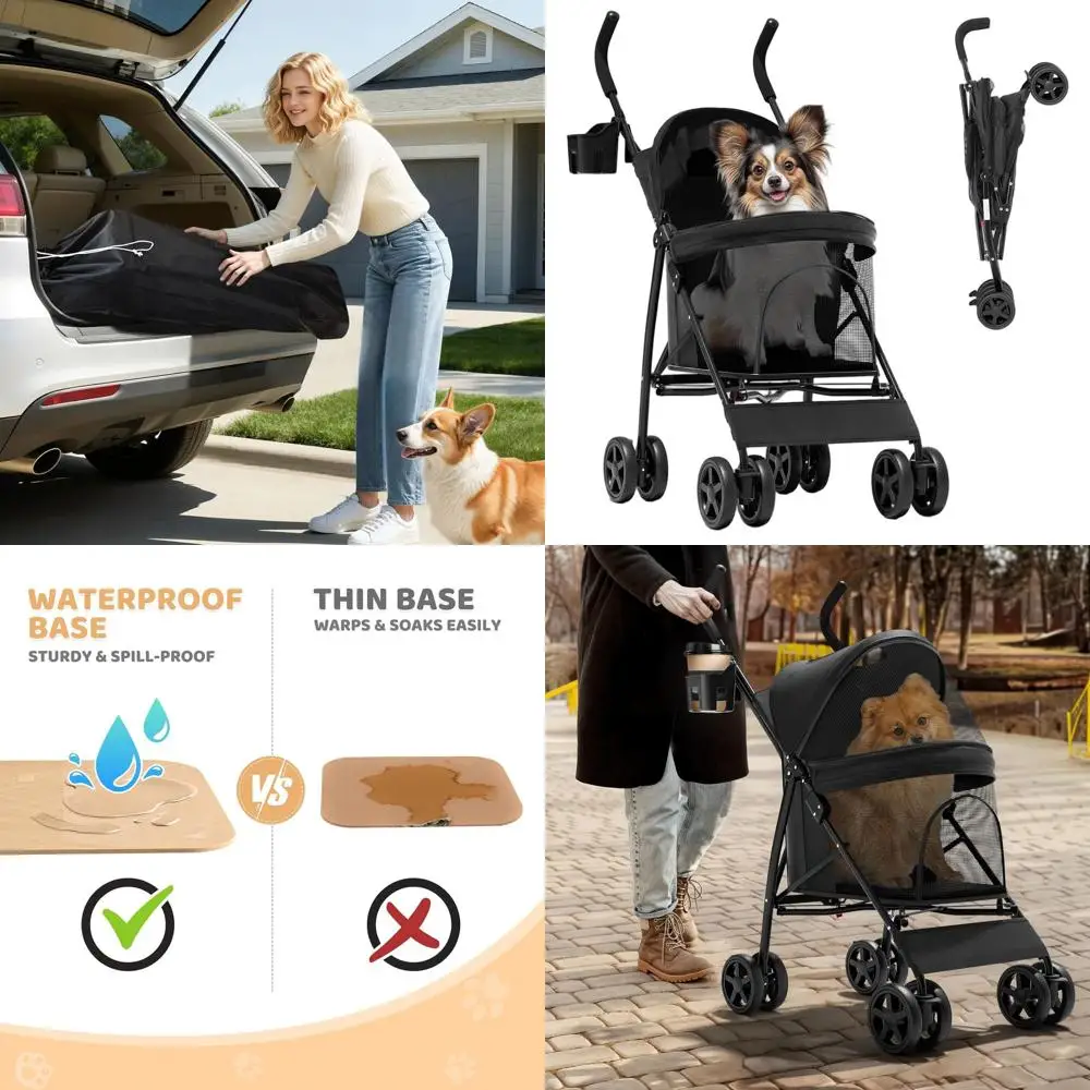 

Lightweight 4-Wheel Pet Stroller for Dogs & Cats up to 22lbs, Umbrella Style, Mesh, Cup Holder, Storage, Black