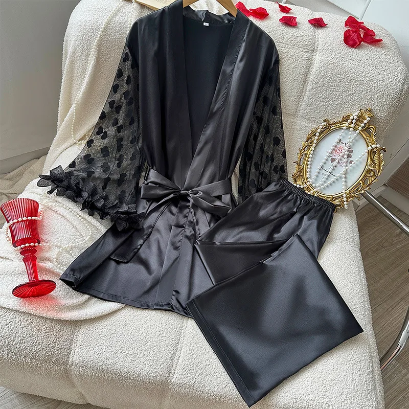 

Новый пижамный костюм, комплект из 2 предметов, женский лоскутный кружевной брючный костюм с длинными рукавами, ночная рубашка, свободная домашняя одежда из ледяного шелка, домашняя одежда