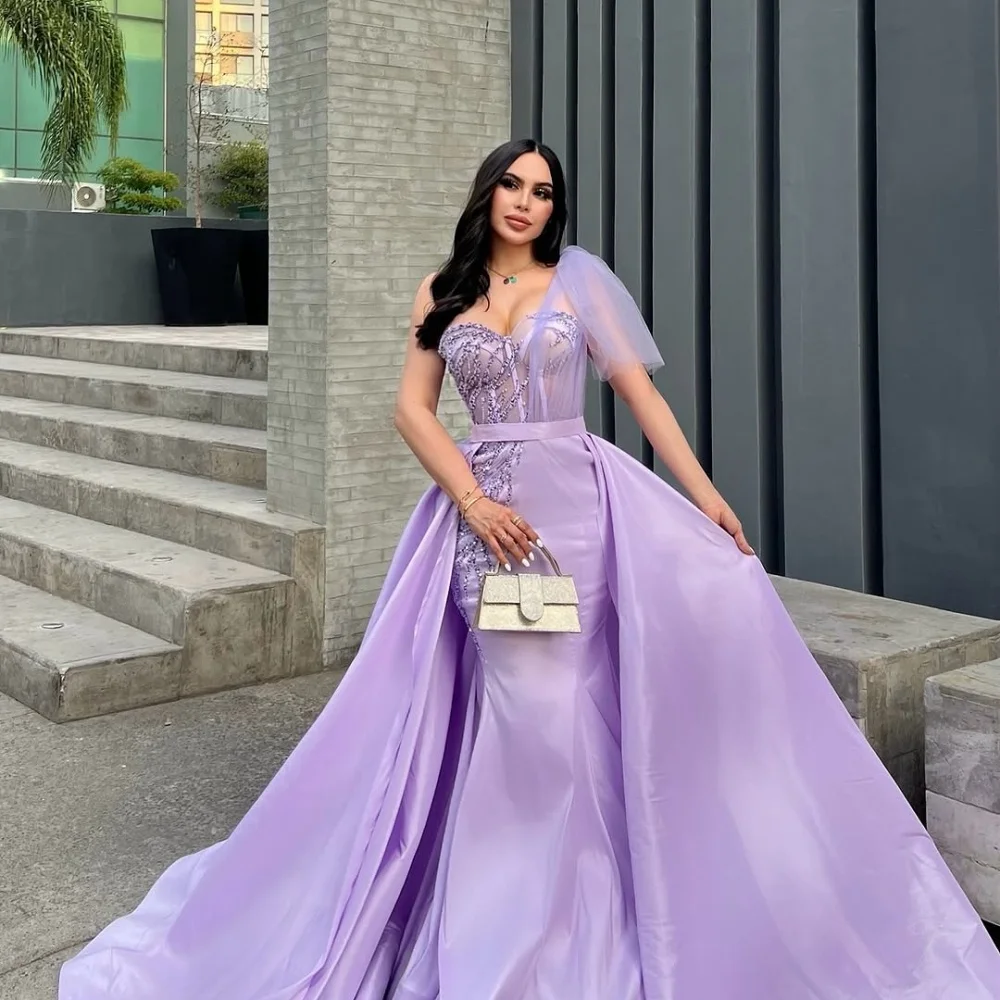 Amanda Maßgeschneiderte lila Satin-Abschlussballkleider, eine Schulter, trägerlos, Vestidos de Noche, bodenlang, Perlen, formeller Abend 2025