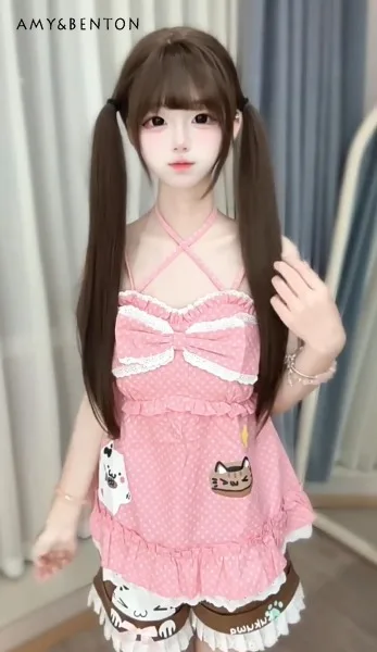 

2025 Summer New Sweet Style Soft Girl Daughter Outfit Japanese Cute Polka Dot Cat Print Pink Camisole Brown Lace Shorts