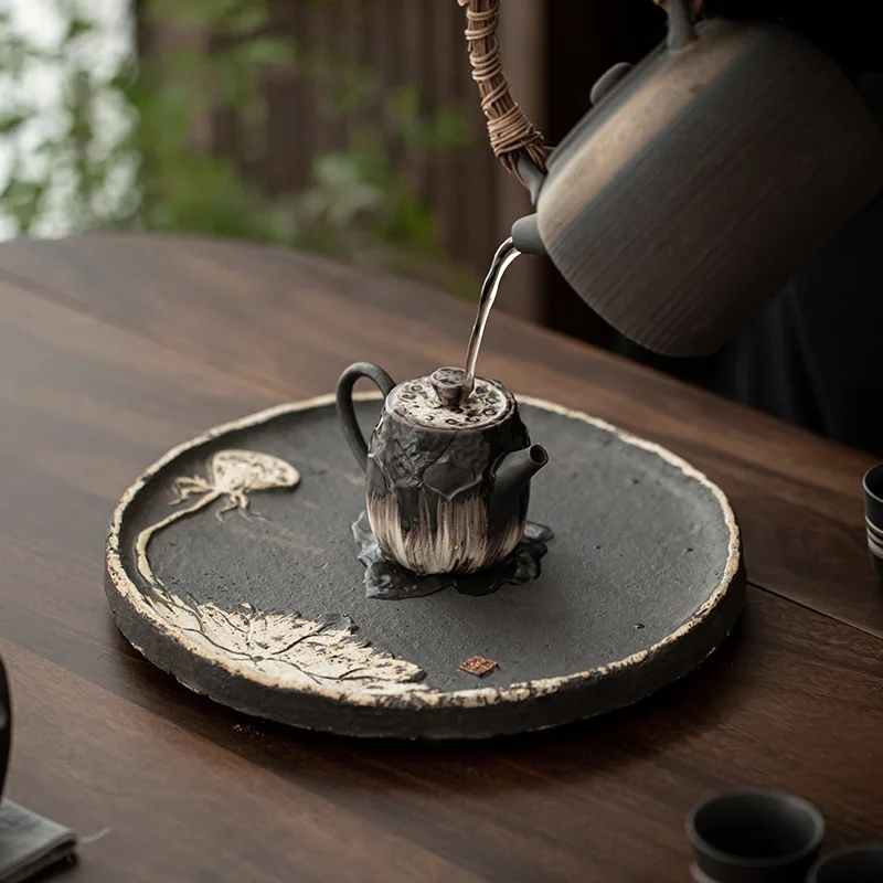 Retro Coarse Pottery Round Tea Tray Wabi-sabi Style Pot Bearing Plate Large Hand-embossed Lotus Dry Bubble Plate Kung Fu Tea Set