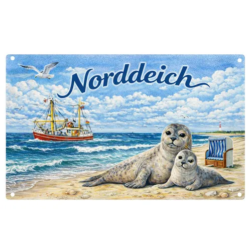 Norddeich Blechschild Nordsee Seehund Strand Retro Metallschild Maritim 20x30cm --Tin Sign