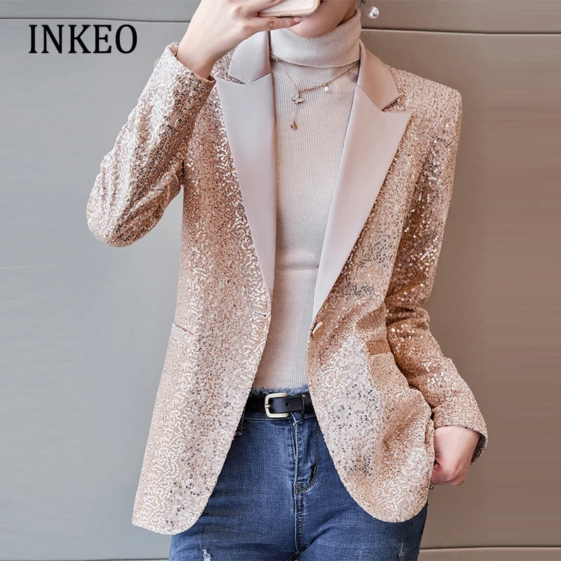 New collection women\'s sequin blazer suits Fashion Elegant Single button jacket basic coat Club Fall Clothes INKEO 2O150