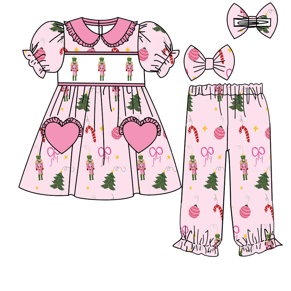 Boutique Children's Set Lapel Ruffle Puff Pair with Trousers Love Pocket Christmas Collection Print Wholesale