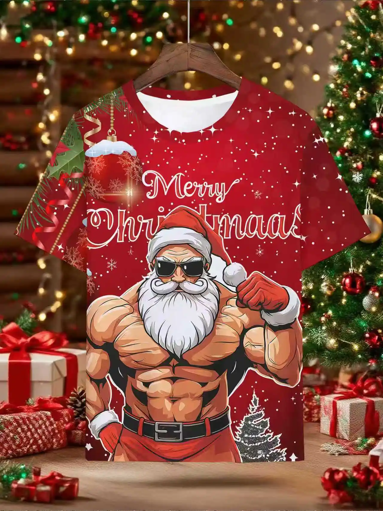 Men's Christmas shirt, T-shirt with snow scenery Christmas pattern, the fabric is soft and durable with mesh design, a casual
