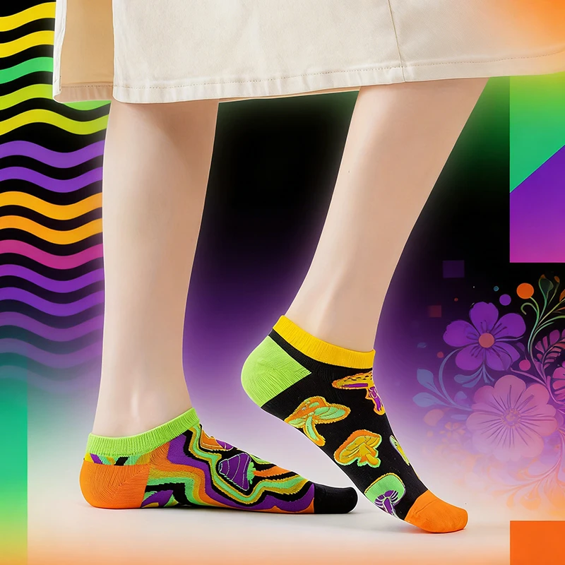 1 Paar trendige Socken mit Pilzmuster, bequeme Low-Tube-Socken im Neon-Farbblock-Design