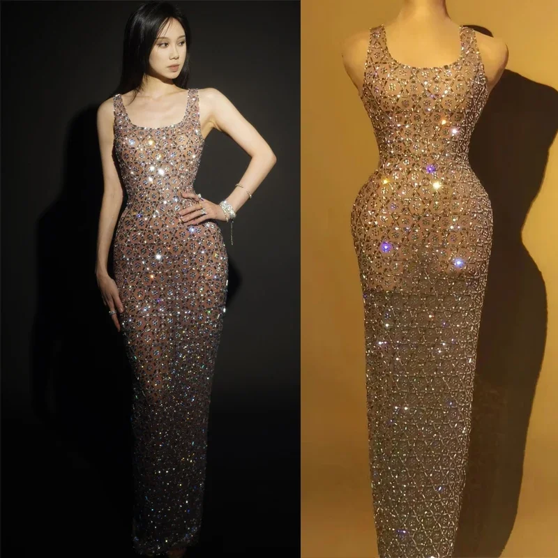 

Shiny Full Rhinestones Party Dress Women Birthday Celebrate Outfit Evening Dresses Wedding Gown Stage Festival Costume XS7404