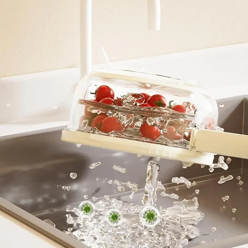 Multifunctional Draining Bowl Drainage Basket Funnel, Bilayer Collapsible Fruit Vegetable Washing Basket with Cover and Handle