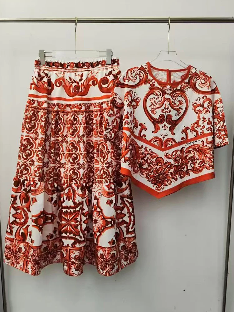 2026 Summer Women's Clothing Retro Geometric Print Irregular Pullover Two-piece Set + Loose Smocked A-Line Skirt Fashion Suit