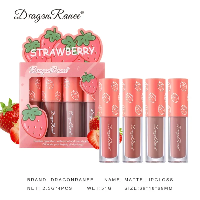 Mini conjunto de esmalte labial fosco, Fruta antiaderente sem desvanecer-se, Batons líquidos de longa duração, Cosméticos de maquiagem à prova d'água, 4pcs por conjunto