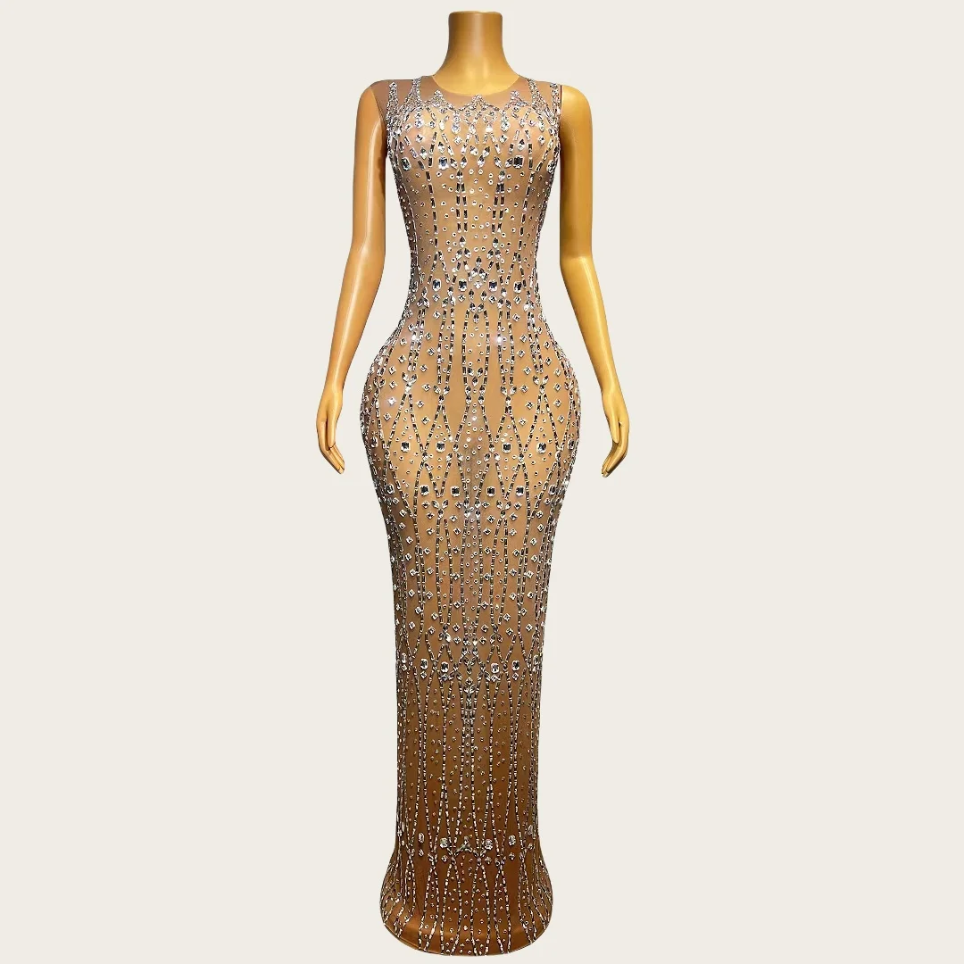 Fangge Sparkly Strass Durchsichtig Mesh Langes Kleid Sexy Frauen Prom Geburtstag Party Feiern Luxus Abendkleid Frauen Couture
