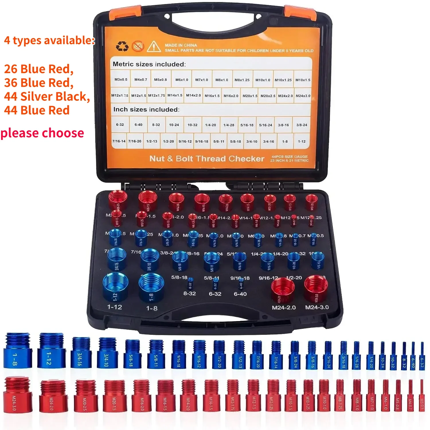 

26/36/44pcs Bolt Size and Thread Gauge Nut and Bolt Thread Checker Metric Sizes Individually Assembled Thread Gauge tools