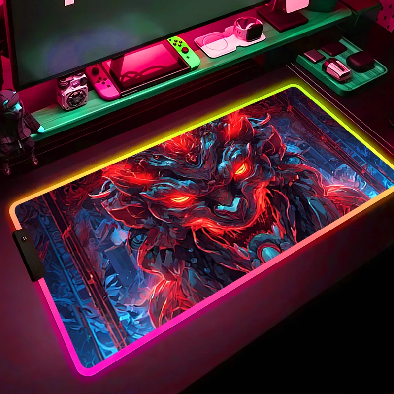 

RGB LED Mouse Pad Gaming Mat PC Accessories Mousepad Desk Mat Non Slip Extended Pad Rubber Oni Hannya Samurai Mask Keyboard Pad