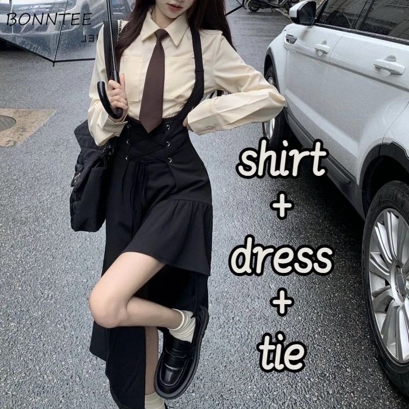 Gentle Girls Sets Shirts Slim Designed Classic Strap Dress Irregular A-line Bandage Elegant Chic Autumn College Fashion Harajuku